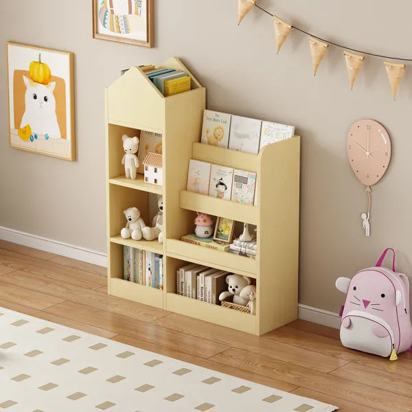 Kids Wooden Bookshelf Toy Storage Organizer with Bookcase, Kid's Storage Unit with 6 Compartments, Children Multi Shelf for Books, Toys Shelf