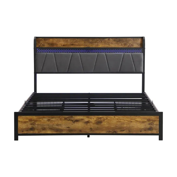 King Size Bed Frame, Storage Headboard with Charging Station and 4 Storage Drawers,LED Lights , Brown and and Gray