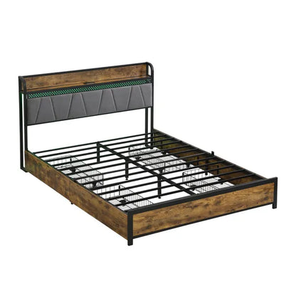 King Size Bed Frame, Storage Headboard with Charging Station and 4 Storage Drawers,LED Lights , Brown and and Gray