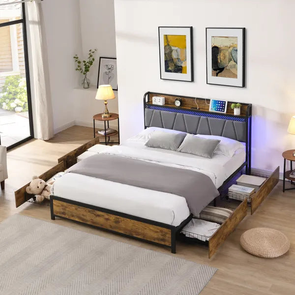 King Size Bed Frame, Storage Headboard with Charging Station and 4 Storage Drawers,LED Lights , Brown and and Gray