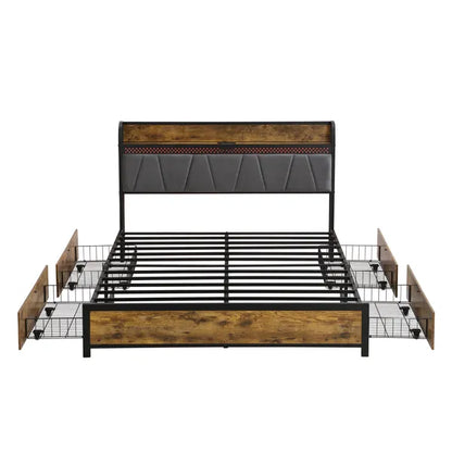 King Size Bed Frame, Storage Headboard with Charging Station and 4 Storage Drawers,LED Lights , Brown and and Gray