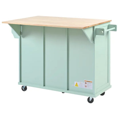 Kitchen Cart with Rubber wood Drop-Leaf Countertop ,Cabinet door internal storage racks,Kitchen Island on 5 Wheels with Storage Cabinet and 3 Drawers for Dinning Room, Mint Green