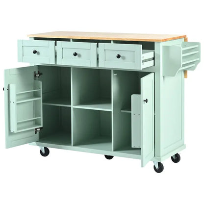 Kitchen Cart with Rubber wood Drop-Leaf Countertop ,Cabinet door internal storage racks,Kitchen Island on 5 Wheels with Storage Cabinet and 3 Drawers for Dinning Room, Mint Green