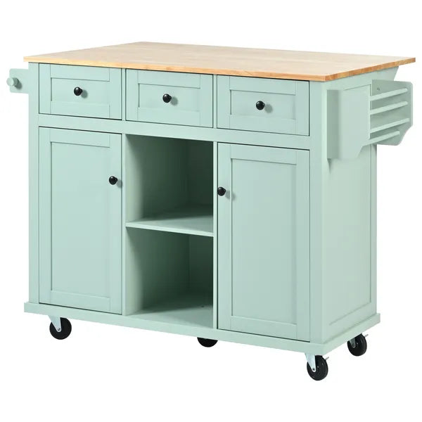 Kitchen Cart with Rubber wood Drop-Leaf Countertop ,Cabinet door internal storage racks,Kitchen Island on 5 Wheels with Storage Cabinet and 3 Drawers for Dinning Room, Mint Green