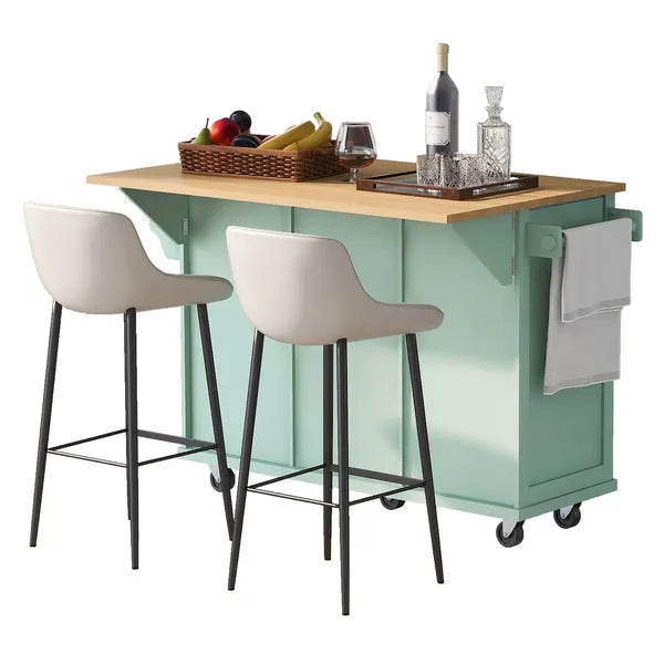 Kitchen Cart with Rubber wood Drop-Leaf Countertop ,Cabinet door internal storage racks,Kitchen Island on 5 Wheels with Storage Cabinet and 3 Drawers for Dinning Room, Mint Green