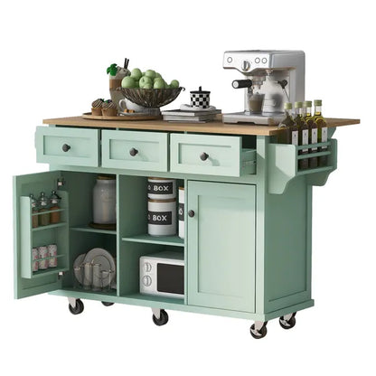 Kitchen Cart with Rubber wood Drop-Leaf Countertop ,Cabinet door internal storage racks,Kitchen Island on 5 Wheels with Storage Cabinet and 3 Drawers for Dinning Room, Mint Green