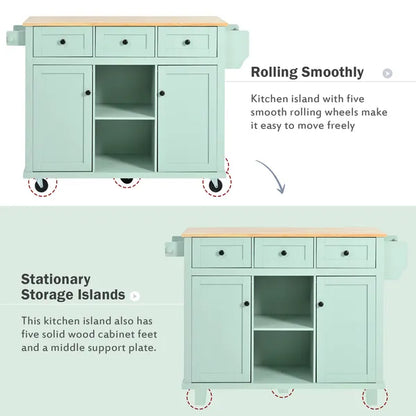 Kitchen Cart with Rubber wood Drop-Leaf Countertop ,Cabinet door internal storage racks,Kitchen Island on 5 Wheels with Storage Cabinet and 3 Drawers for Dinning Room, Mint Green