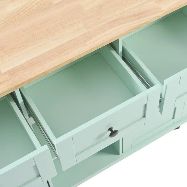 Kitchen Cart with Rubber wood Drop-Leaf Countertop ,Cabinet door internal storage racks,Kitchen Island on 5 Wheels with Storage Cabinet and 3 Drawers for Dinning Room, Mint Green