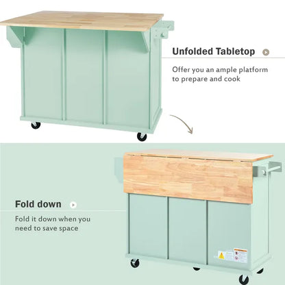 Kitchen Cart with Rubber wood Drop-Leaf Countertop ,Cabinet door internal storage racks,Kitchen Island on 5 Wheels with Storage Cabinet and 3 Drawers for Dinning Room, Mint Green