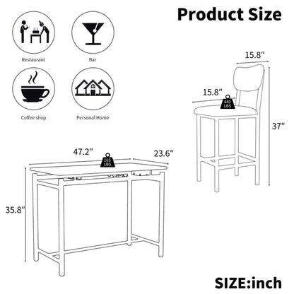 Kitchen Table Set, Dining Table and Chairs for 2, 3 Piece Dining Room Table Set with 2 Upholstered Chairs, Bar Dining Table Set for Small Spaces, Apartment, Breakfast, Pub, Rustic Black