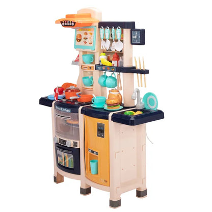 Large Pretend Play Kitchen Set Kids Cooking Playset with Realistic Lights;  Vivid Sounds;  Play Phone;  Clock and 65 Pcs Accessories;  3 +;  Blue XH