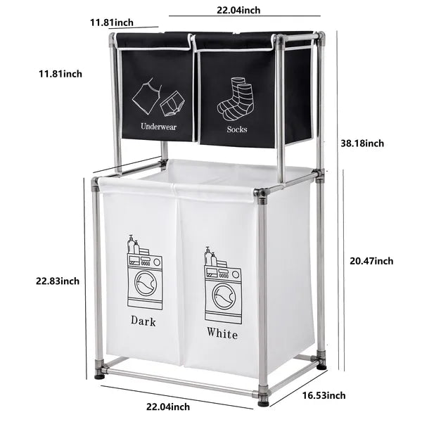 Laundry Hamper 2 Tier Laundry Sorter with 4 Removable Bags for Organizing Clothes, Laundry, Lights, Darks