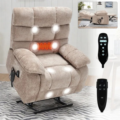 Lift Recliner Chair Heat Massage Dual Motor Infinite Position Up to 350 LBS Large Electric Power Lift Recliners with Power-Remote, Medium-firm and Heavy duty, Beige