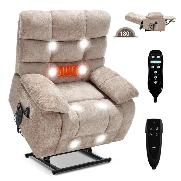 Lift Recliner Chair Heat Massage Dual Motor Infinite Position Up to 350 LBS Large Electric Power Lift Recliners with Power-Remote, Medium-firm and Heavy duty, Beige