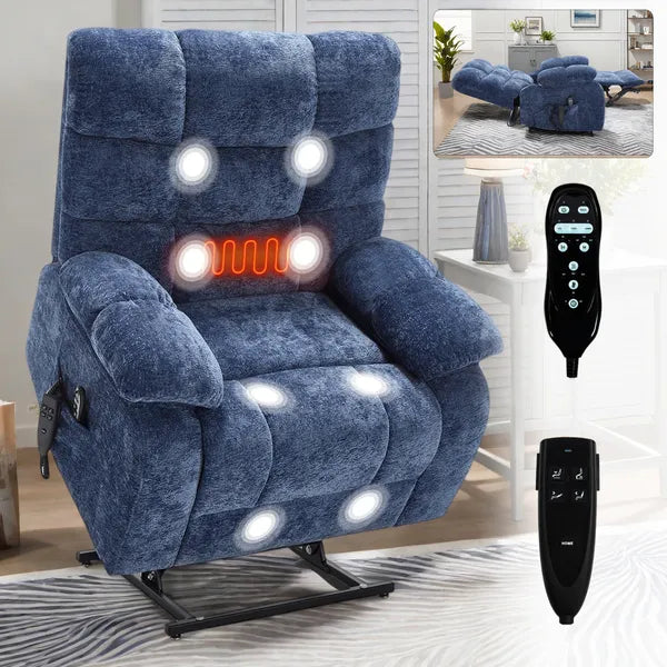 Lift Recliner Chair Heat Massage Dual Motor Infinite Position Up to 350 LBS Large Electric Power Lift Recliners with Power-Remote, Medium-firm and Heavy duty, Blue