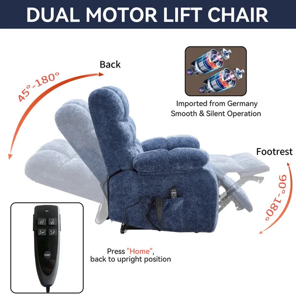 Lift Recliner Chair Heat Massage Dual Motor Infinite Position Up to 350 LBS Large Electric Power Lift Recliners with Power-Remote, Medium-firm and Heavy duty, Blue