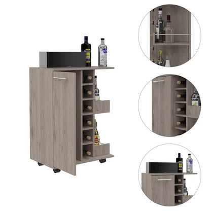 Light Oak 2-Shelf 6-Bottle Bar Cart with Division