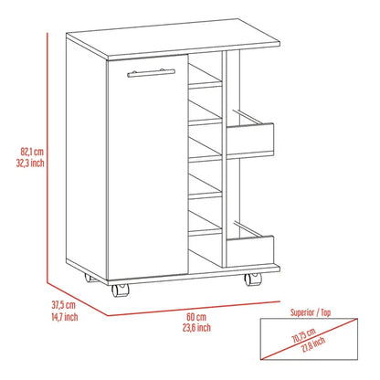 Light Oak 2-Shelf 6-Bottle Bar Cart with Division