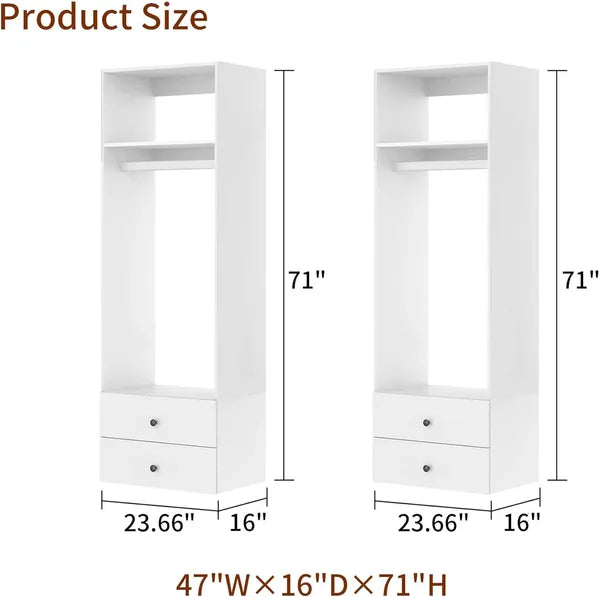 Livelylodge Modular Closet Organizer System: Modern White Open Wardrobe Closet for Bedroom Walk In Closet with 2 Drawers & 6 Shelves & 1 Hanging Rods Storage closet 54.6"L*17.16"W*70.2"H