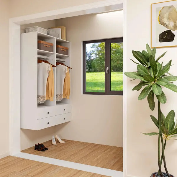 Livelylodge Modular Closet Organizer System: Modern White Open Wardrobe Closet for Bedroom Walk In Closet with 2 Drawers & 6 Shelves & 1 Hanging Rods Storage closet 54.6"L*17.16"W*70.2"H