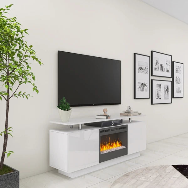 Living Room Furniture Modern White Electric Fireplace TV Stand with Insert Fireplace;  can work with or without heat