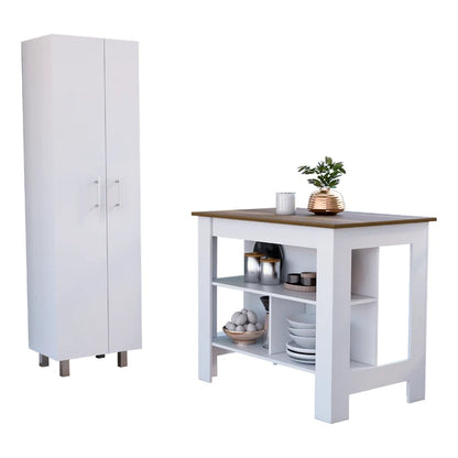 London 2 Piece Kitchen Set, Kitchen Island + Pantry , White /Walnut