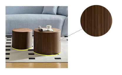 MDF nested table set 2 pieces, handcrafted round coffee table in living/lounge area, walnut color