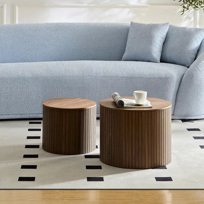 MDF nested table set 2 pieces, handcrafted round coffee table in living/lounge area, walnut color