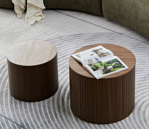 MDF nested table set 2 pieces, handcrafted round coffee table in living/lounge area, walnut color