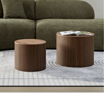 MDF nested table set 2 pieces, handcrafted round coffee table in living/lounge area, walnut color