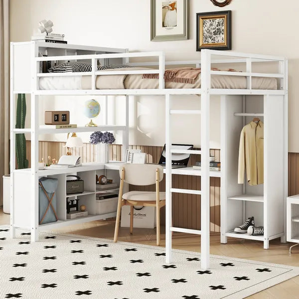 Metal Loft Bed with Wardrobe And L-shaped Desk, Full Size Loft Bed with Storage Cubes and Shelves, Heavy Duty Loft Bed for Kids Teens Adults, White(Pre-sale date: August 10th)