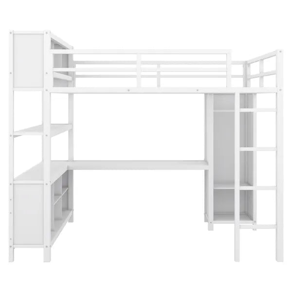 Metal Loft Bed with Wardrobe And L-shaped Desk, Full Size Loft Bed with Storage Cubes and Shelves, Heavy Duty Loft Bed for Kids Teens Adults, White(Pre-sale date: August 10th)