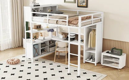 Metal Loft Bed with Wardrobe And L-shaped Desk, Full Size Loft Bed with Storage Cubes and Shelves, Heavy Duty Loft Bed for Kids Teens Adults, White(Pre-sale date: August 10th)