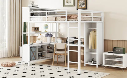 Metal Loft Bed with Wardrobe And L-shaped Desk, Full Size Loft Bed with Storage Cubes and Shelves, Heavy Duty Loft Bed for Kids Teens Adults, White(Pre-sale date: August 10th)