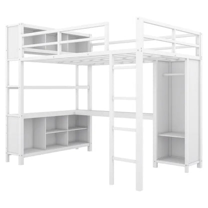 Metal Loft Bed with Wardrobe And L-shaped Desk, Full Size Loft Bed with Storage Cubes and Shelves, Heavy Duty Loft Bed for Kids Teens Adults, White(Pre-sale date: August 10th)