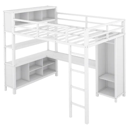 Metal Loft Bed with Wardrobe And L-shaped Desk, Full Size Loft Bed with Storage Cubes and Shelves, Heavy Duty Loft Bed for Kids Teens Adults, White(Pre-sale date: August 10th)