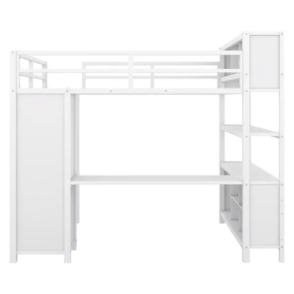 Metal Loft Bed with Wardrobe And L-shaped Desk, Full Size Loft Bed with Storage Cubes and Shelves, Heavy Duty Loft Bed for Kids Teens Adults, White(Pre-sale date: August 10th)