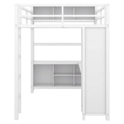 Metal Loft Bed with Wardrobe And L-shaped Desk, Full Size Loft Bed with Storage Cubes and Shelves, Heavy Duty Loft Bed for Kids Teens Adults, White(Pre-sale date: August 10th)