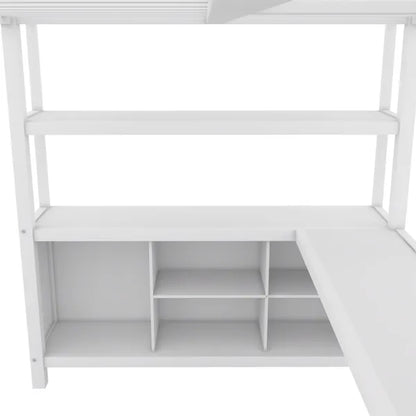 Metal Loft Bed with Wardrobe And L-shaped Desk, Full Size Loft Bed with Storage Cubes and Shelves, Heavy Duty Loft Bed for Kids Teens Adults, White(Pre-sale date: August 10th)