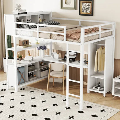 Metal Loft Bed with Wardrobe And L-shaped Desk, Full Size Loft Bed with Storage Cubes and Shelves, Heavy Duty Loft Bed for Kids Teens Adults, White(Pre-sale date: August 10th)