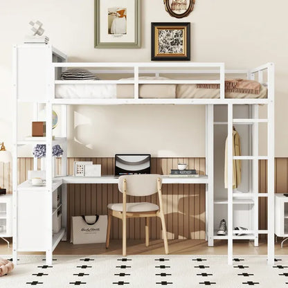 Metal Loft Bed with Wardrobe And L-shaped Desk, Full Size Loft Bed with Storage Cubes and Shelves, Heavy Duty Loft Bed for Kids Teens Adults, White(Pre-sale date: August 10th)