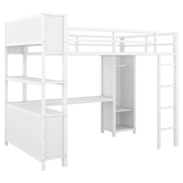 Metal Loft Bed with Wardrobe And L-shaped Desk, Full Size Loft Bed with Storage Cubes and Shelves, Heavy Duty Loft Bed for Kids Teens Adults, White(Pre-sale date: August 10th)