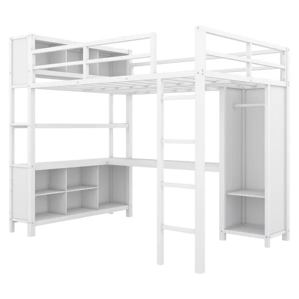 Metal Loft Bed with Wardrobe And L-shaped Desk, Full Size Loft Bed with Storage Cubes and Shelves, Heavy Duty Loft Bed for Kids Teens Adults, White(Pre-sale date: August 10th)