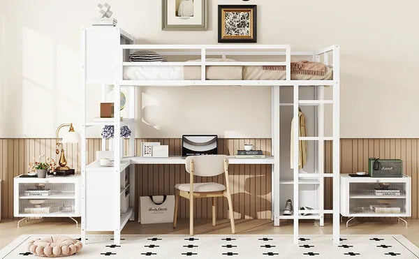 Metal Loft Bed with Wardrobe And L-shaped Desk, Full Size Loft Bed with Storage Cubes and Shelves, Heavy Duty Loft Bed for Kids Teens Adults, White(Pre-sale date: August 10th)