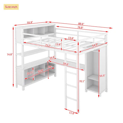 Metal Loft Bed with Wardrobe And L-shaped Desk, Full Size Loft Bed with Storage Cubes and Shelves, Heavy Duty Loft Bed for Kids Teens Adults, White(Pre-sale date: August 10th)