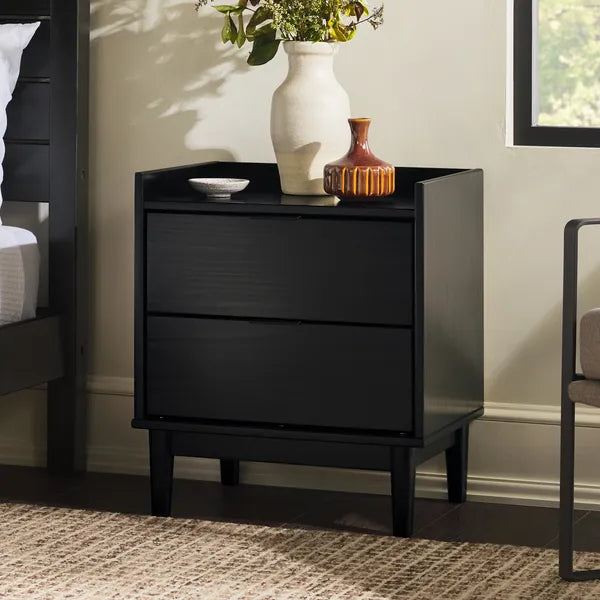 Mid-Century Modern 2-Drawer Solid Wood Nightstand – Black