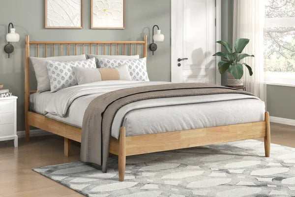 Mid-Century Modern Design Full Platform Bed 1pc Natural Finish Wooden Bedroom Furniture Vertical Slats Headboard, Bed in a Box