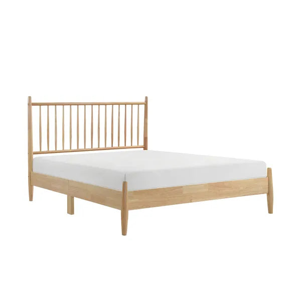 Mid-Century Modern Design Full Platform Bed 1pc Natural Finish Wooden Bedroom Furniture Vertical Slats Headboard, Bed in a Box