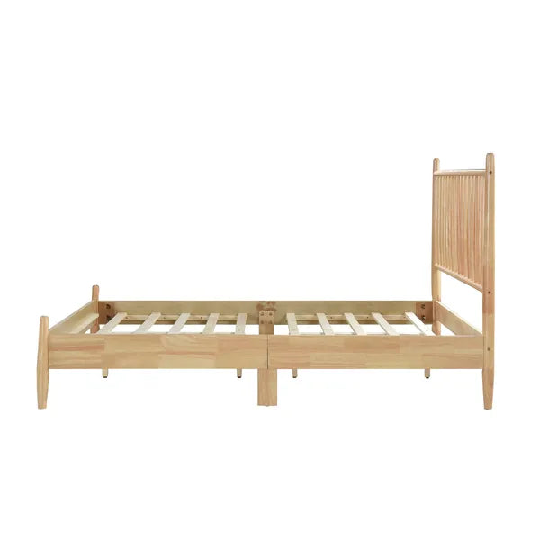 Mid-Century Modern Design Full Platform Bed 1pc Natural Finish Wooden Bedroom Furniture Vertical Slats Headboard, Bed in a Box