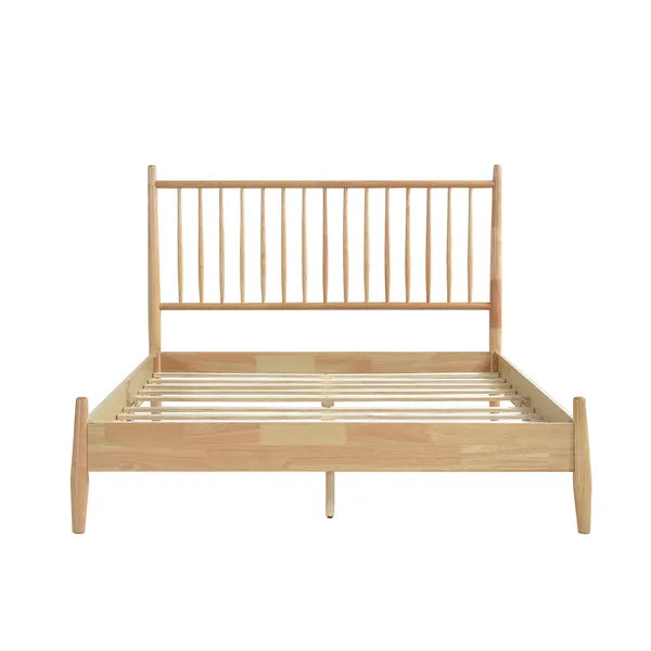 Mid-Century Modern Design Full Platform Bed 1pc Natural Finish Wooden Bedroom Furniture Vertical Slats Headboard, Bed in a Box